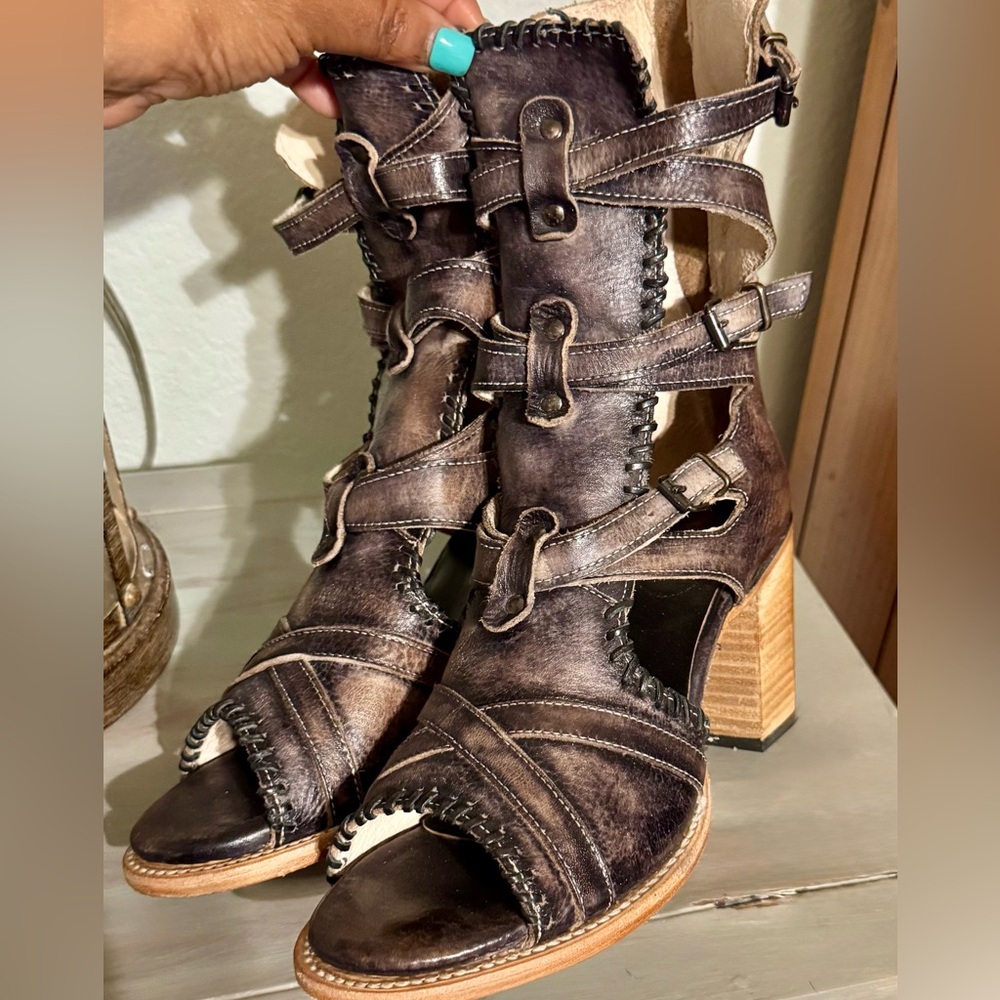 Freebird by Steven Distressed Brown Leather Strappy Heeled Boots